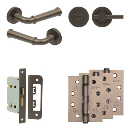 Complete Classic Door Handle Pack - Bathroom Lock (Plain Thumb Turn) - Dark Bronze - 65mm / 4-inch Hinges - JE-A5A2-DB