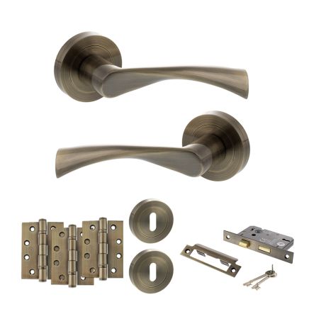 STATUS Colorado Door Handle Pack (3 Lever Lock Set - 2.5" CE Sashlock, 4" Fire Rated Hinges x3) - Antique Brass