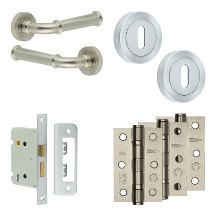 Complete Classic Door Handle Pack - Sashlock - Satin Nickel - 76mm / 3-inch Hinges - JE-A8B8-SN