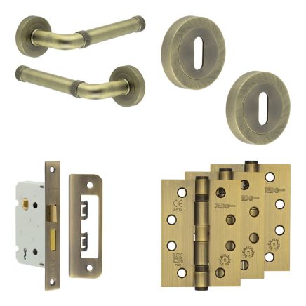Complete Midtown Door Handle Pack - Sashlock - Antique Brass - 65mm / 4-inch Hinges - JE-G7A8-AB