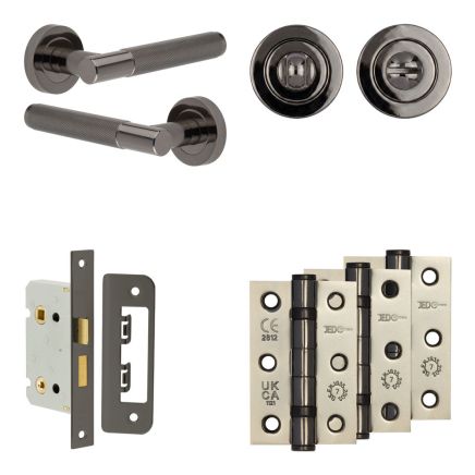 Complete Bari Door Handle Pack - Bathroom Lock (Standard Thumb Turn) - Black Nickel - 65mm / 3-inch Hinges - JE-D5B3-BN