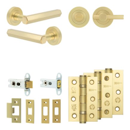 Complete Hex Door Handle Pack - Heavy Duty Tubular Bathroom (Plain Thumb Turn) - Satin Brass - 64mm / 3-inch Hinges - JE-C30B2-SB