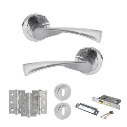 STATUS Colorado Door Handle Pack (3 Lever Lock Set - 2.5" CE Sashlock, 3" Fire Rated Hinges x3) - Satin Chrome