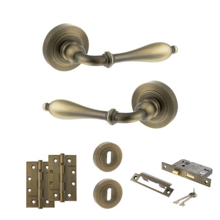 Old English Wrexham Door Handle Pack (3 Lever Lock Set - 2.5" CE Sashlock, 4" Slim Knuckle Hinges x2) - Matt Antique Brass