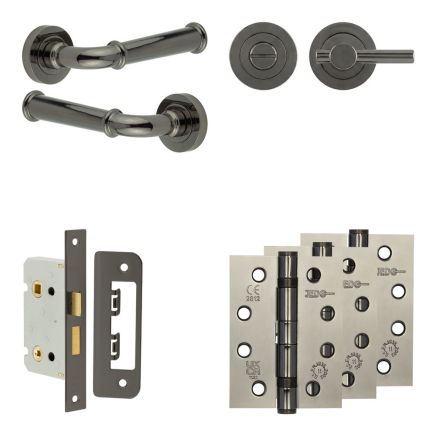 Complete Classic Door Handle Pack - Bathroom Lock (Plain Thumb Turn) - Black Nickel - 65mm / 4-inch Hinges - JE-A5A2-BN