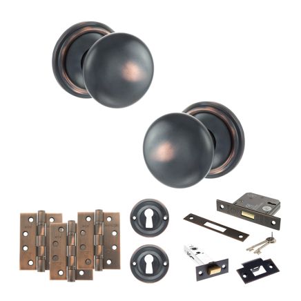 Old English Harrogate Door Knob Pack (Lock Set - 3" Latch & Deadlock, 4" Fire Rated Hinges x3) - Antique Copper