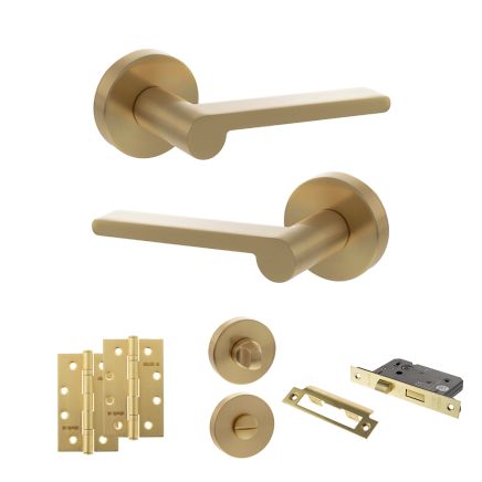 Senza Pari Darrio Door Handle Pack (Bathroom Set - 2.5" CE Bathroom Lock, 4" Slim Knuckle Hinges x2) - Satin Brass