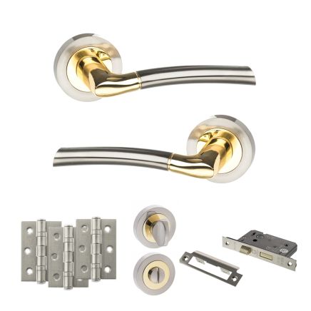 STATUS Indiana Door Handle Pack (Bathroom Set - 2.5" CE Bathroom Lock, 3" Fire Rated Hinges x3) - Satin Nickel/Polished Brass