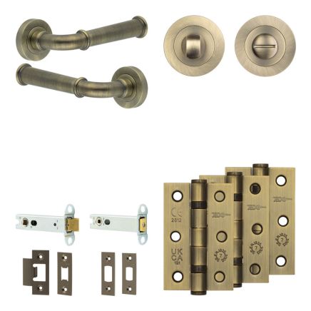 Complete Classic Door Handle Pack - Heavy Duty Tubular Bathroom (Standard Thumb Turn) - Antique Brass - 102mm / 3-inch Hinges - JE-A32B3-AB