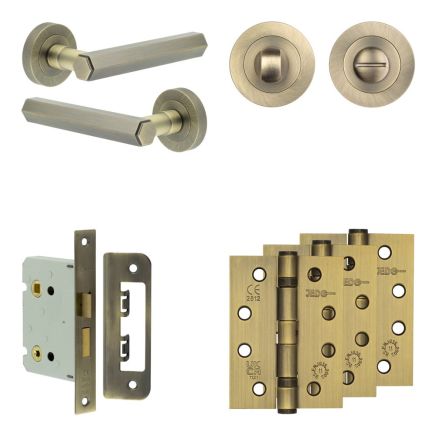 Complete Hex Door Handle Pack - Bathroom - Antique Brass - By Frelan Hardware - JE-C6A3-AB