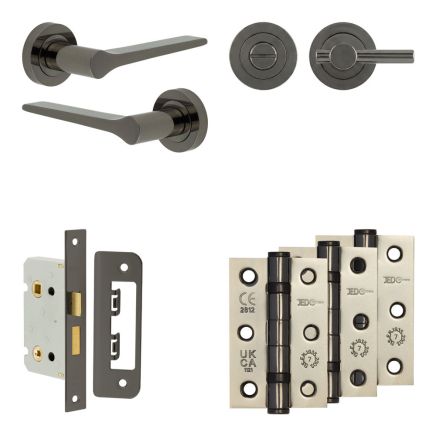 Complete Gio Door Handle Pack - Bathroom Lock (Plain Thumb Turn) - Black Nickel - 65mm / 3-inch Hinges - JE-E5B2-BN