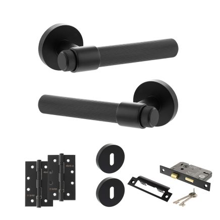 Senza Pari Fasana Door Handle Pack (3 Lever Lock Set - 3" CE Sashlock, 4" Slim Knuckle Hinges x2) - Matt Black