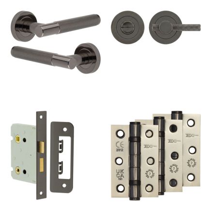 Complete Bari Door Handle Pack - Bathroom Lock (Knurled Thumb Turn) - Black Nickel - 76mm / 3-inch Hinges - JE-D6B1-BN