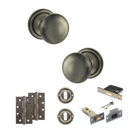 Old English Harrogate Door Knob Pack (Lock Set - 3" Latch & Deadlock, 4" Slim Knuckle Hinges x2) - Matt Gun Metal