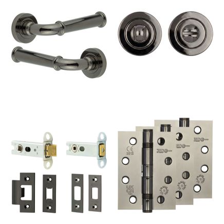 Complete Classic Door Handle Pack - Heavy Duty Tubular Bathroom (Standard Thumb Turn) - Black Nickel - 76mm / 4-inch Hinges - JE-A31A3-BN