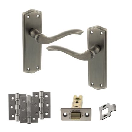 Old English Warwick Door Handle Pack (Latch Set - 2.5" CE Latch, 3" Fire Rated Hinges x3) - Matt Gun Metal