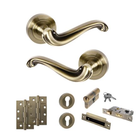 Old English Colchester Door Handle Pack (Euro Lock Set - 2.5" CE Sashlock, 4" Slim Knuckle Hinges x2) - Antique Brass