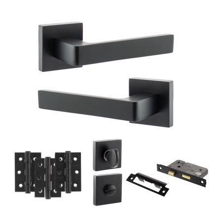 STATUS Montana Door Handle Pack (Bathroom Set - 2.5" CE Bathroom Lock, 3" Fire Rated Hinges x3) - Matt Black