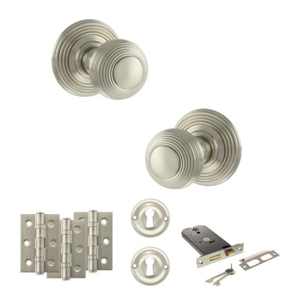 Old English Ripon Door Knob Pack (Lock Set - Horizontal Sashlock, 3" Fire Rated Hinges x3) - Satin Nickel
