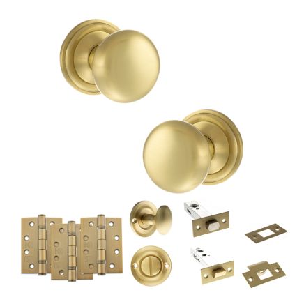 Old English Harrogate Door Knob Pack (Bathroom Set - 3" Deadbolt, 4" Fire Rated Hinges x3) - Satin Brass