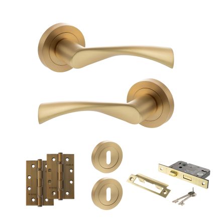 STATUS Colorado Door Handle Pack (3 Lever Lock Set - 2.5" CE Sashlock, 4" Slim Knuckle Hinges x2) - Satin Brass
