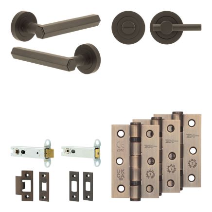 Complete Hex Door Handle Pack - Heavy Duty Tubular Bathroom (Plain Thumb Turn) - Dark Bronze - 102mm / 3-inch Hinges - JE-C32B2-DB