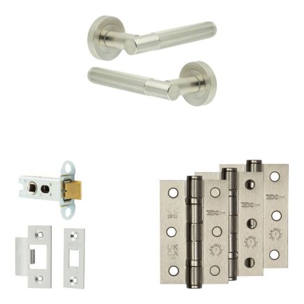 Complete Venice Door Handle Pack - Heavy Duty Latch - Satin Nickel - 64mm / 3-inch Hinges - JE-F20B-SN
