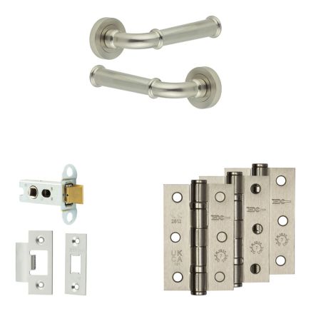 Complete Classic Door Handle Pack - Heavy Duty Latch - Satin Nickel - 64mm / 3-inch Hinges - JE-A20B-SN