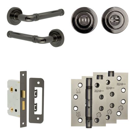 Complete Midtown Door Handle Pack - Bathroom Lock (Standard Thumb Turn) - Black Nickel - 65mm / 4-inch Hinges - JE-G5A3-BN