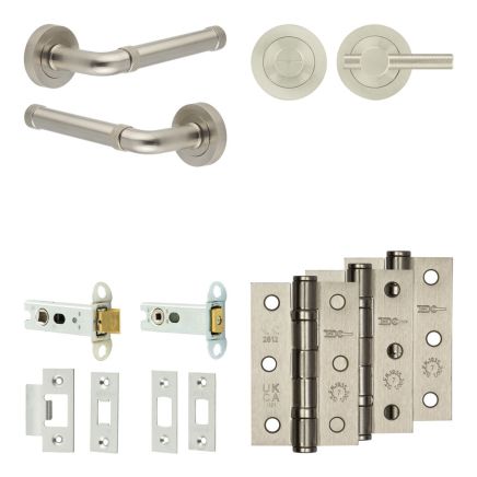 Complete Midtown Door Handle Pack - Heavy Duty Tubular Bathroom (Knurled Thumb Turn) - Satin Nickel - 76mm / 3-inch Hinges - JE-G31B1-SN