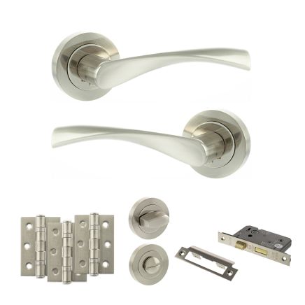 Eco Aqua Door Handle Pack (Bathroom Set - 2.5" CE Bathroom Lock, 3" Fire Rated Hinges x3) - Satin Nickel/Nickel Plate