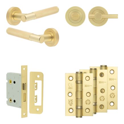Complete Bari Door Handle Pack - Bathroom Lock (Plain Thumb Turn) - Satin Brass - 76mm / 3-inch Hinges - JE-D6B2-SB
