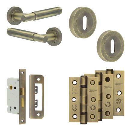 Complete Bloom Door Handle Pack - Sashlock - Antique Brass - 65mm / 3-inch Hinges - JE-B7B8-AB
