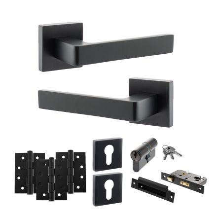 STATUS Montana Door Handle Pack (Euro Lock Set - 2.5" CE Sashlock, 4" Fire Rated Hinges x3) - Matt Black