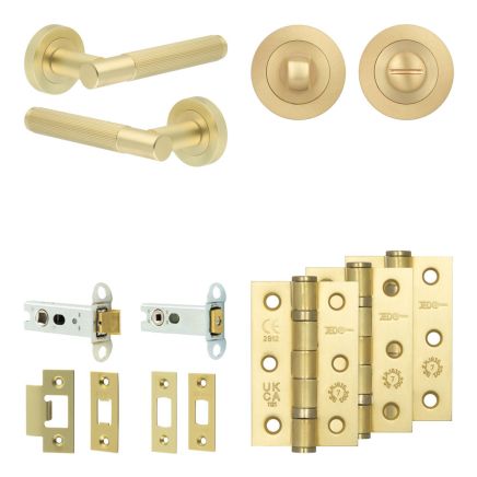 Complete Venice Door Handle Pack - Heavy Duty Tubular Bathroom (Standard Thumb Turn) - Satin Brass - 76mm / 3-inch Hinges - JE-F31B3-SB