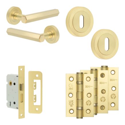 Complete Hex Door Handle Pack - Sashlock - Satin Brass - 65mm / 3-inch Hinges - JE-C7B8-SB