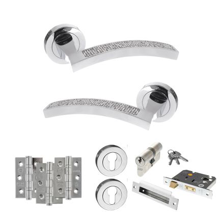 Senza Pari Crystal Door Handle Pack (Euro Lock Set - 2.5" CE Sashlock, 3" Fire Rated Hinges x3) - Polished Chrome