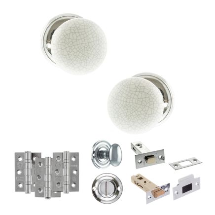 Old English Skipton Door Knob Pack (Bathroom Set - 4" Deadbolt, 3" Fire Rated Hinges x3) - Polished Chrome