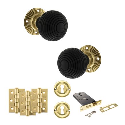 Old English Whitby Door Knob Pack (Lock Set - Horizontal Sashlock, 3" Fire Rated Hinges x3) - Polished Brass