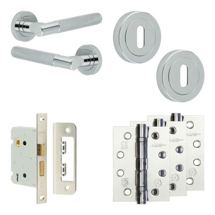 Complete Bari Door Handle Pack - Sashlock - Polished Chrome - 76mm / 4-inch Hinges - JE-D8A8-PC