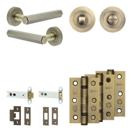 Complete Hex Door Handle Pack - Heavy Duty Tubular Bathroom (Standard Thumb Turn) - Antique Brass - 102mm / 3-inch Hinges - JE-C32B3-AB