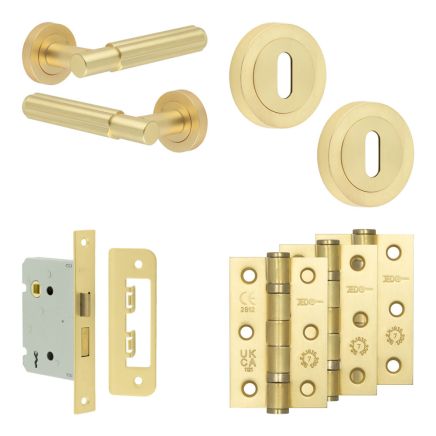 Complete Bloom Door Handle Pack - Sashlock - Satin Brass - 76mm / 3-inch Hinges - JE-B8B8-SB