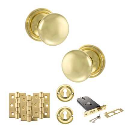Old English Harrogate Door Knob Pack (Lock Set - Horizontal Sashlock, 3" Fire Rated Hinges x3) - Polished Brass