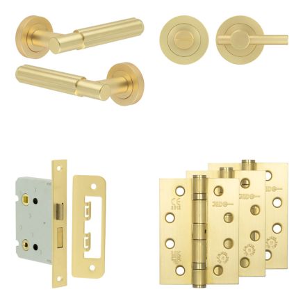 Complete Bloom Door Handle Pack - Bathroom Lock (Plain Thumb Turn) - Satin Brass - 76mm / 4-inch Hinges - JE-B6A2-SB