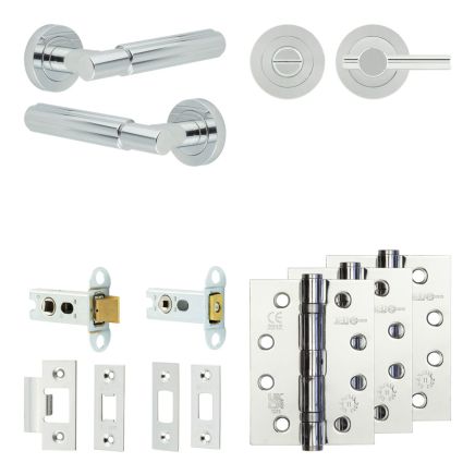 Complete Bloom Door Handle Pack - Heavy Duty Tubular Bathroom (Plain Thumb Turn) - Polished Chrome - 64mm / 4-inch Hinges - JE-B30A2-PC