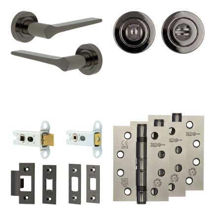 Complete Gio Door Handle Pack - Heavy Duty Tubular Bathroom (Standard Thumb Turn) - Black Nickel - 64mm / 4-inch Hinges - JE-E30A3-BN