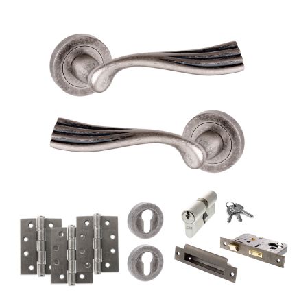 Old English Richmond Door Handle Pack (Euro Lock Set - 2.5" CE Sashlock, 4" Fire Rated Hinges x3) - Distressed Silver