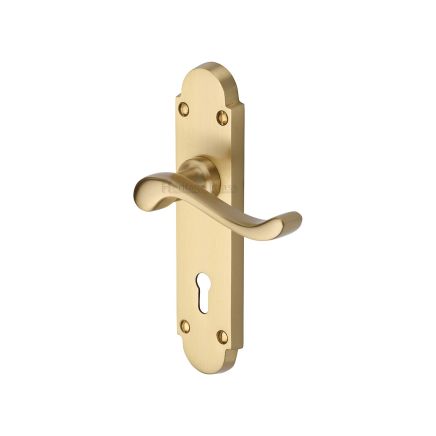 Heritage Brass Door Handle Lever Lock Savoy Design Satin Brass finish