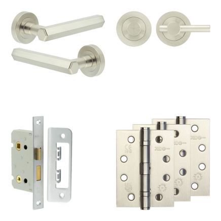Complete Hex Door Handle Pack - Bathroom Lock (Plain Thumb Turn) - Satin Nickel - 65mm / 4-inch Hinges - JE-C5A2-SN