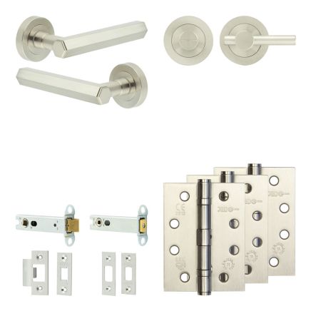 Complete Hex Door Handle Pack - Heavy Duty Tubular Bathroom (Plain Thumb Turn) - Satin Nickel - 102mm / 4-inch Hinges - JE-C32A2-SN